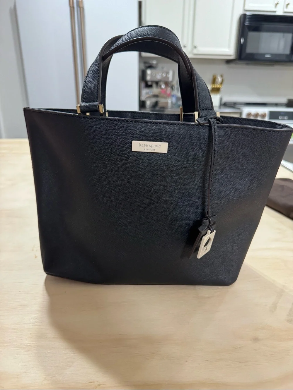 kate spade black saffiano tote with gold accents